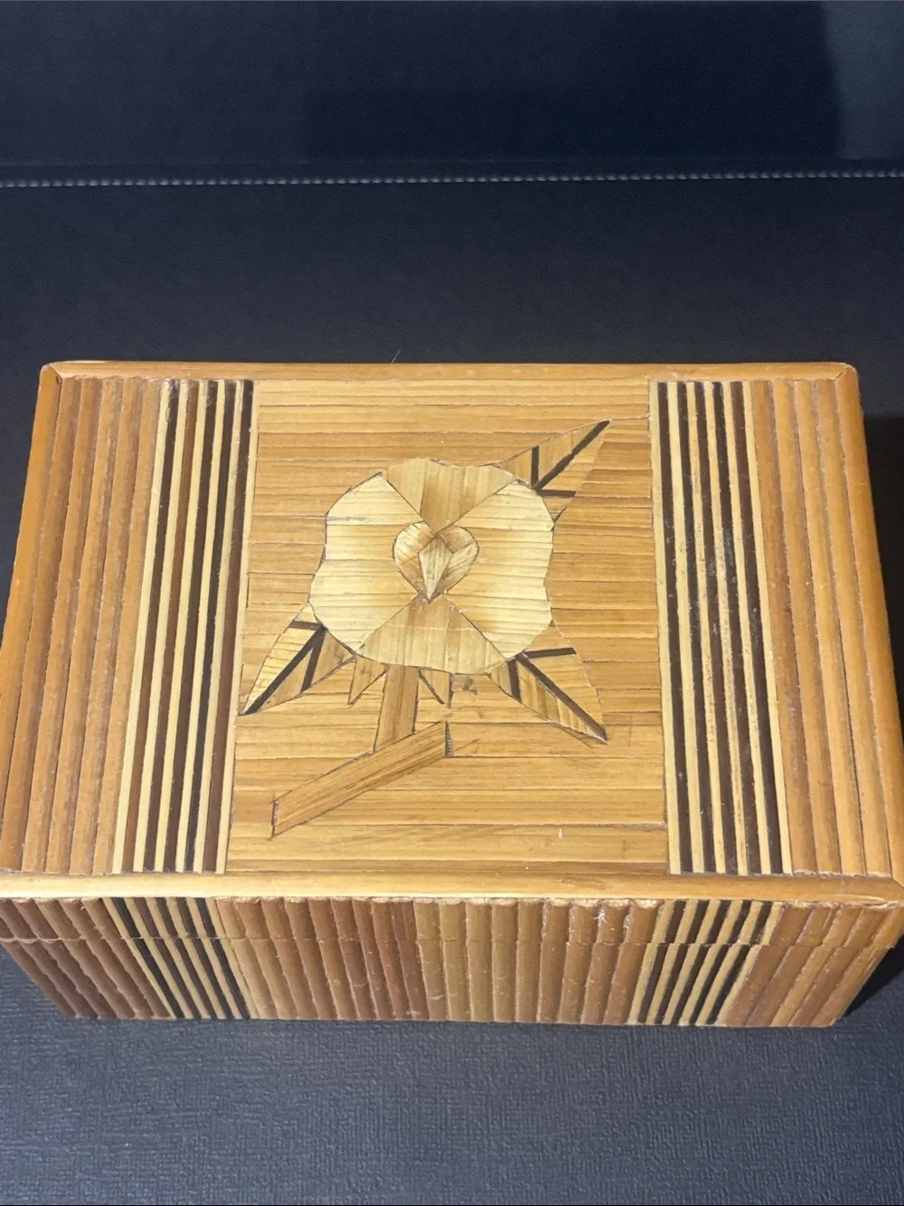 Vintage bamboo floral inlay trinket holder jewelry box velvet lined handmade